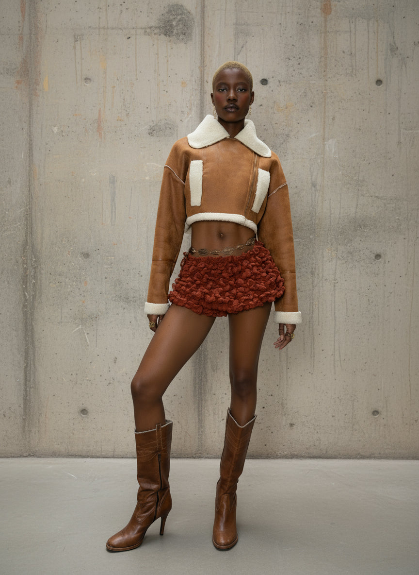 Mannequin wearing a brown outfit with a skirt on a white background